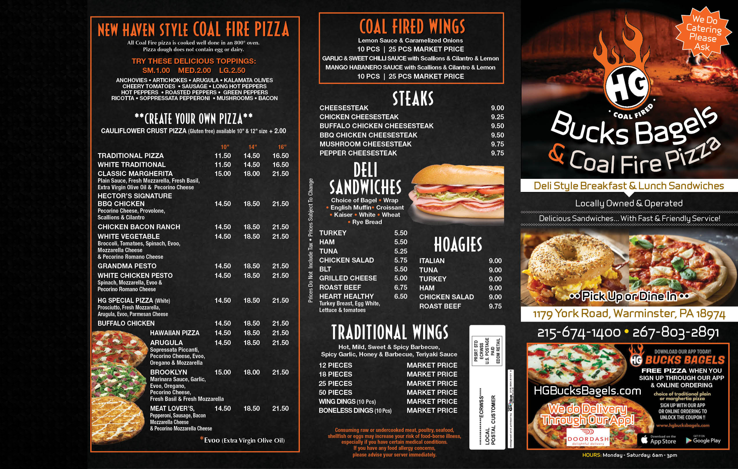 A black and orange menu for a pizza place.
