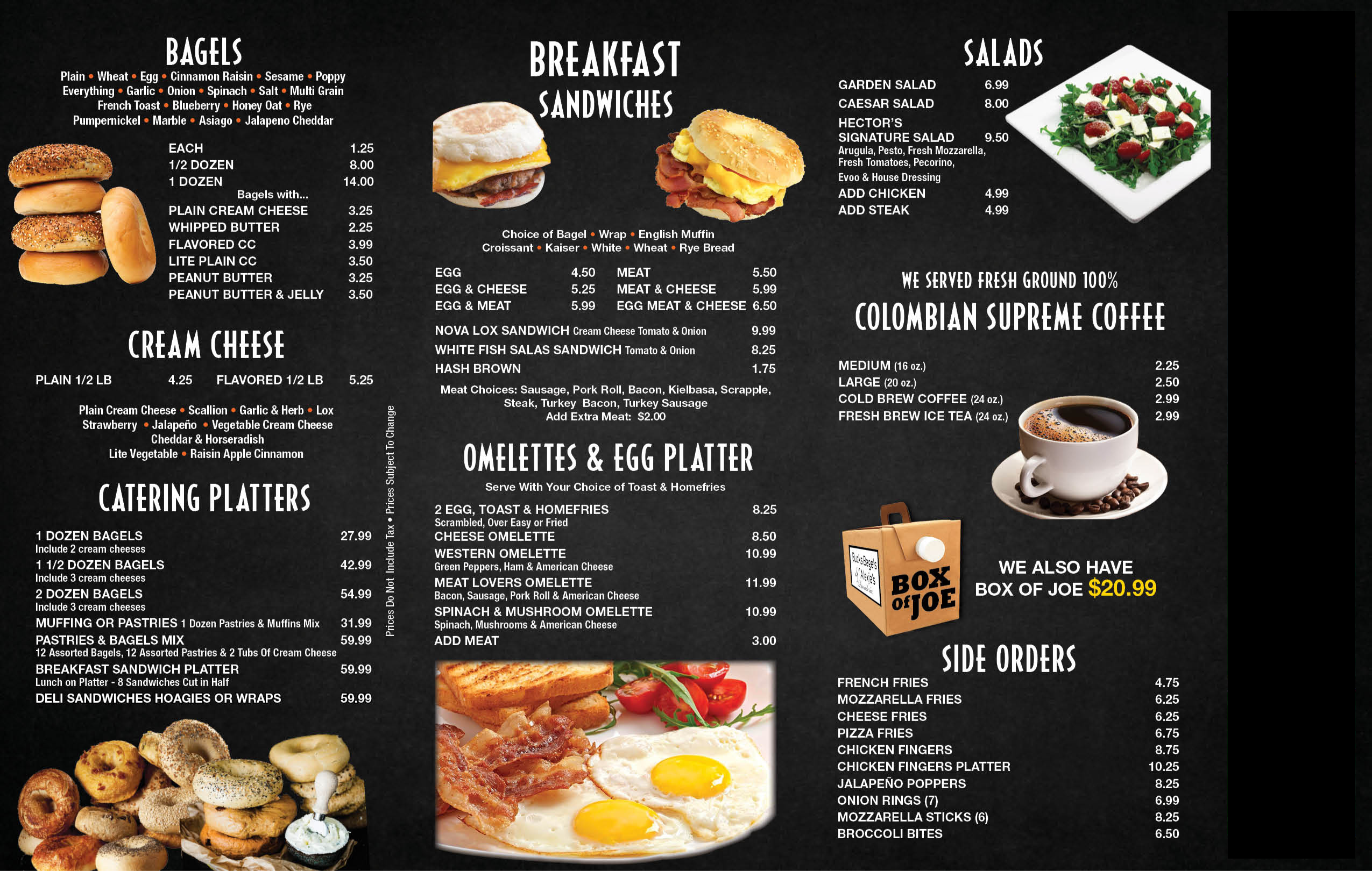 A blackboard menu with a variety of breakfast items.